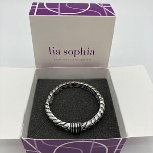 Lia Sophia Ravel Silver Twisted Stretch Bangle Bracelet Black Enamel S